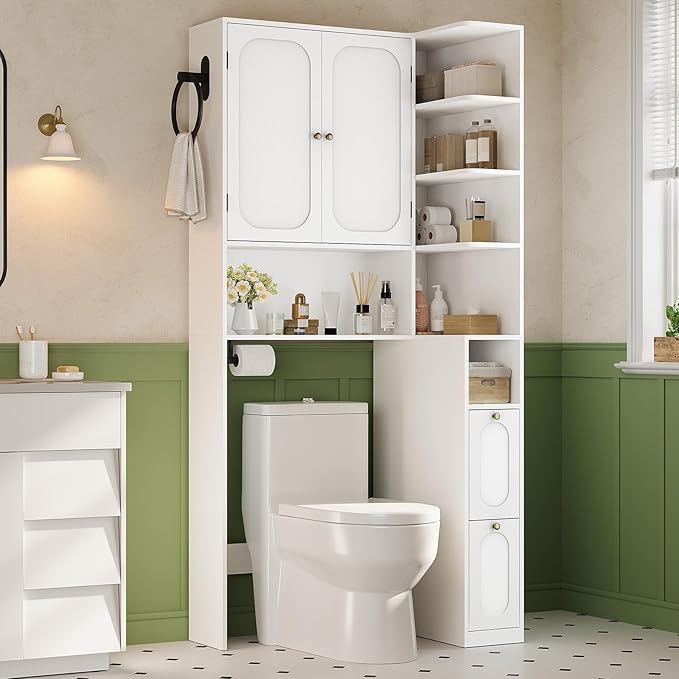 7-Tier L-Shaped Over Toilet Storage Cabinet with 2 Drawers, Tissue Holder & Towel Holder, Bathroom Storage Cabinet with 2 Doors & Adjustable Shelf for Bathroom, Laundry Room, White