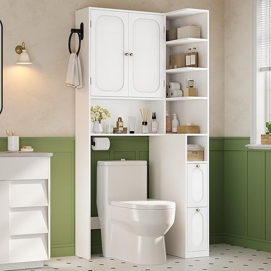 7-Tier L-Shaped Over Toilet Storage Cabinet with 2 Drawers, Tissue Holder & Towel Holder, Bathroom Storage Cabinet with 2 Doors & Adjustable Shelf for Bathroom, Laundry Room, White