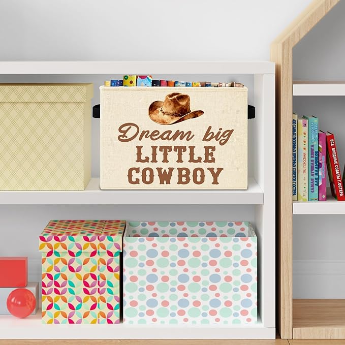 Western Cowboy Nursery Storage Bins Box with Handles, Dream Big Little Cowboy Country Western Laundry Basket Hamper Collapsible Clothes Toys Organizer for Kids Boys Bedroom Bathroom