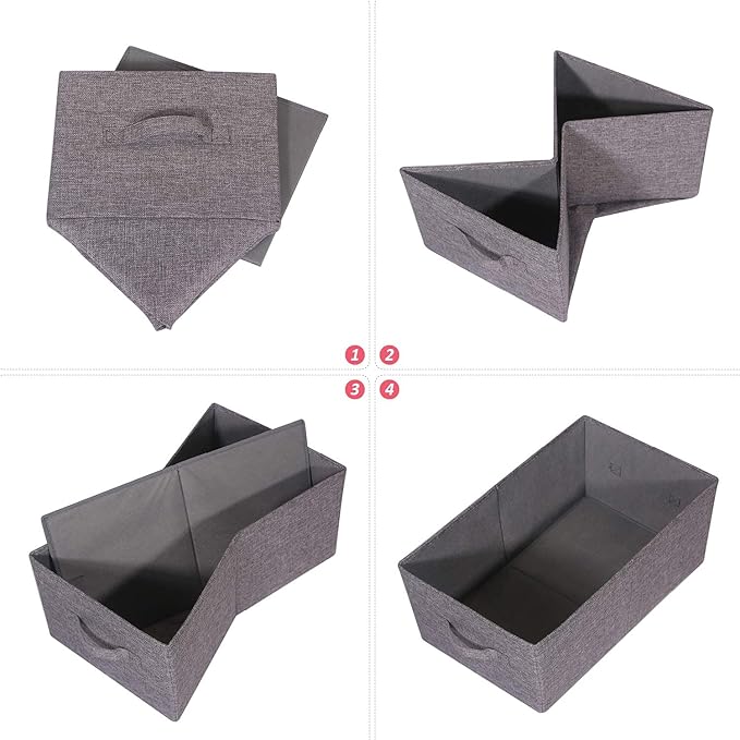 Set of 5 Closet Organizer Bins with Handle, Fabric Foldable Storage Baskets Cloth Box Containers for Shelves Home Office Clothes Clothing, Gray, Jumbo