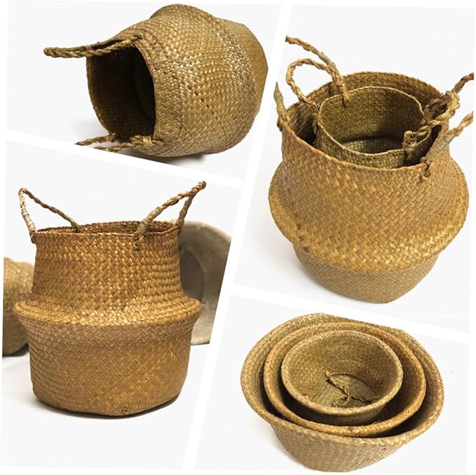 Handmade Foldable Seaweed Storage Basket Woven Decorative Basket for Organizing Clothes Toys and Plants Small Yellow
