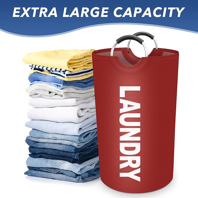 90L Large Laundry Basket, Freestanding Waterproof Laundry Hamper, Collapsible Folding Tall Clothes Hamper, Easy Carry with Foam Protected Aluminum Handles for Dorm, Family, Travel (Red)