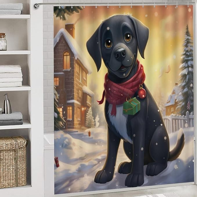 4 Piece Shower Curtain Sets Rug Toilet Lid Cover and Non-Slip U Shape Mat Happy New Year Black Labrador Durable and Waterproof Labrador Lover Gifts for Bathroom Decor