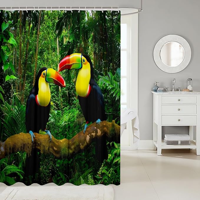 3D Toucan Fabric Shower Curtains Tropical Parrot Bath Curtain Double Birds Safari Animals Shower Curtain For Kids Boys Girls Standing On The Tree Trunk Fresh Nature Curtain Sets 72" W x 78" L Green