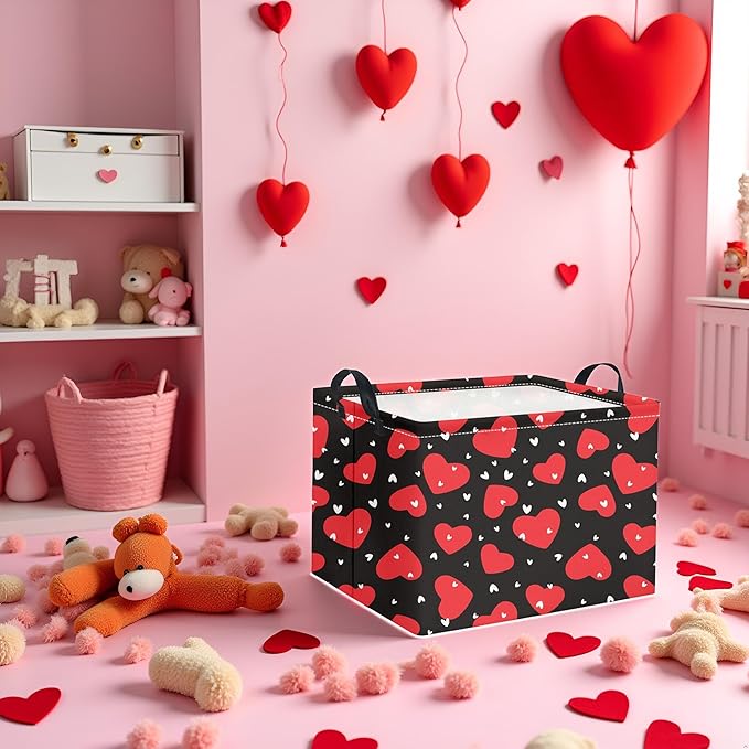 HIYAGON Rectangular Valentines Basket Fabric Storage Bin Storage Boxes Collapsible Storage Basket for Clothes Books Shelves Basket(Black Red Heart)