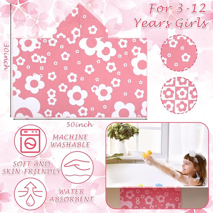 2 Pcs Kids Hooded Bath Towel 50" x 30" Kids Hooded Beach Bath Towels Pink Microfiber Toddlers Towels Pool Beach Towel Wrap for 3-12 Years Girls Toddlers Swimming Cover up 2 Design(Flowers)