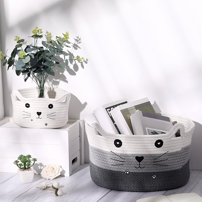 Zopeal Cat Basket Storage Woven Organizer with Ears Christmas Decorative Pet Toy Cute Cotton Rope Basket for Gift Cat Dog Toy Bin Nursery Room(13.7 x 7.8 Inch,White, Light Gray, Dark Gray)