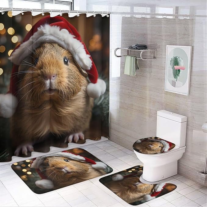 4 Piece Shower Curtain Sets Pet Guinea Pig Wear Red Santa Hat with Non-Slip Rugs Toilet Lid Cover and Bath Mat Funny Farmhouse Animal Guinea Pig Piggy Bathroom Decor Set with Accessories