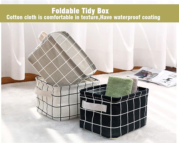 AARAINBOW 3 Packs Storage Basket Bins Canvas Mini Storage Cubes Storage Basket for Makeup, Toys Liners, Books Storage Baskets with Handles for Shelves & Desks(3 Black)