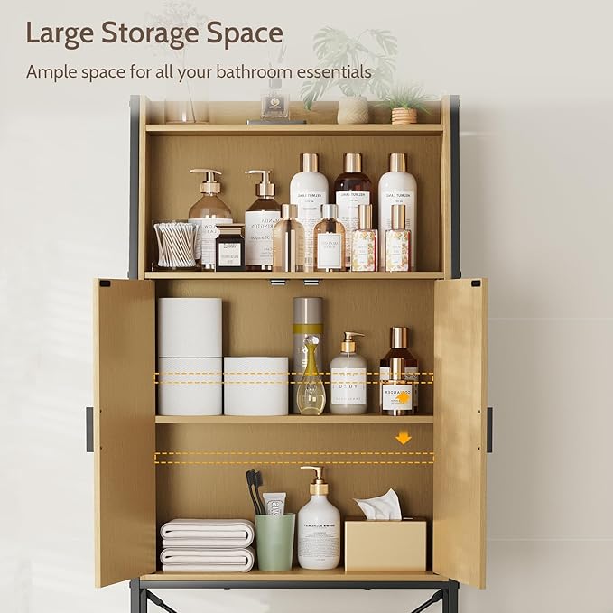 Over The Toilet Storage Cabinet with Rattan Doors, Bathroom Organizer with Adjustable Shelf, Metal Frame & Anti-Tip Device, Space-Saving Wood Cabinet for Bathrooms, Laundry Room, Natural