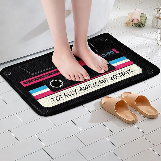 80s Party Bathroom Mat 16"X24",Audio Cassette Microfiber Bath Rug Kid Children,Vintage Music Theme Non Slip Back Inside Room Decor,Retro Tape Entry Door Mat Bathroom Music Art Style Bath Carpet,Luxury