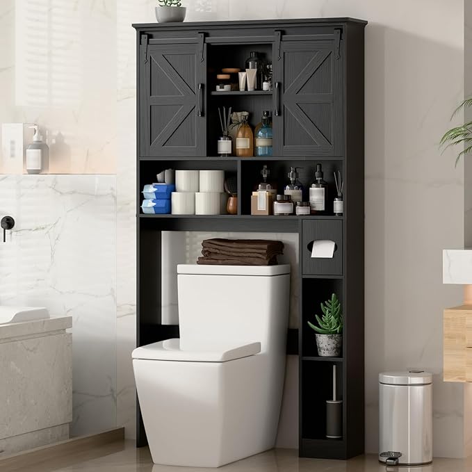 Over The Toilet Storage Cabinet,Farmhouse Space-Saving Toilet Rack with 2 Sliding Barn Doors,Bathroom Organizer with Toilet Paper Holder Stand & Storage Shelves,for Laundry, Bathroom,Restroom