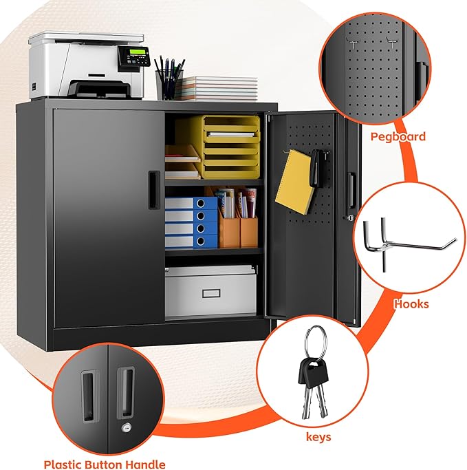 Aobabo 31.5" H Garage Storage Cabinet with 2 Shelves, Metal Cabinet with Lock and 4 Hooks for Home Office Garage, Black, Assembly Required
