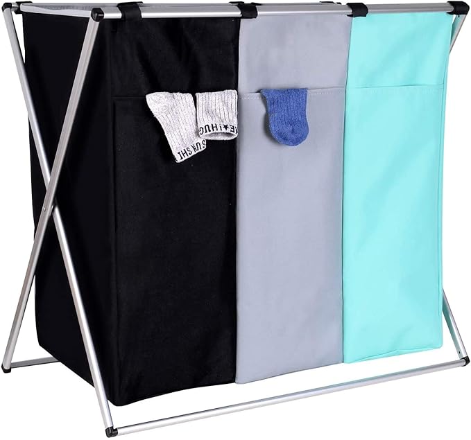 135L Laundry Cloth Hamper Sorter Basket Bin Foldable 3 Sections with Aluminum Frame 26''×24''H Washing Storage Dirty Clothes Bag for Bathroom Bedroom Home Storage basket (3 Liner, Green+grey+black)