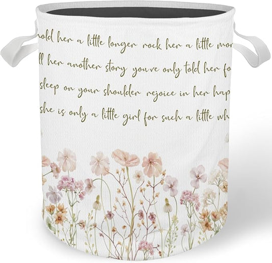 Floral Girl Nursery Laundry Basket Hamper, Toybox for Girls, Pastel Wildflower Waterproof Collapsible Storage Bin Organizer for Bedroom Bathroom Girls Room Dorm Clothes Toys Books