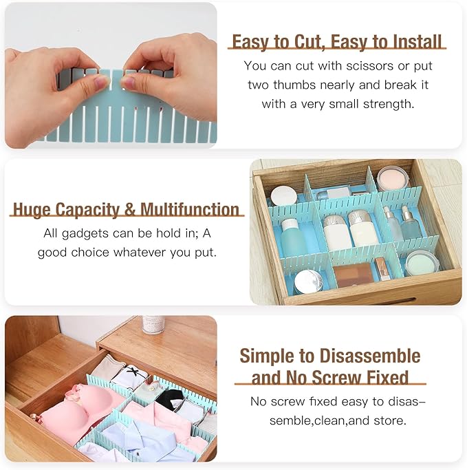 16 Pcs Drawer Divider Organizer, 14.5 Inch DIY Adjustable Drawer Dividers for Baby Clothes Cutlery Socks Underwear, Plastic Drawer Separators for Dresser Kitchen Office Bedroom (Blue)