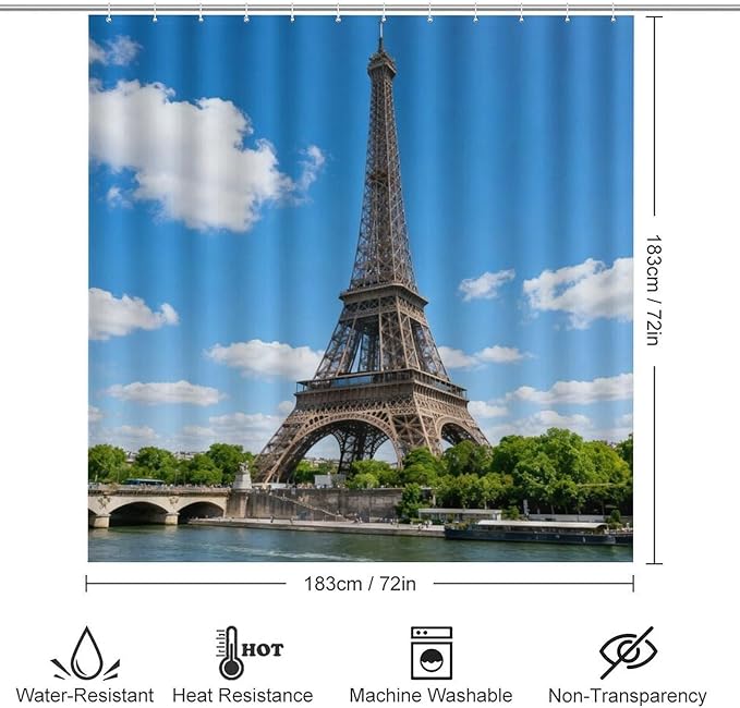 4 Piece Bathroom Rug Set with Shower Curtain, Non-Slip Bath Mat Toilet Cover Set, Eiffel Tower Bathroom Rug Sets