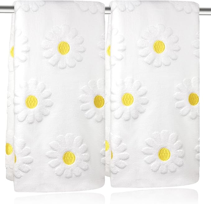 2pcs Daisy Hand Towels for Bathroom Decorative Towels Set 100% Cotton White Jacquard Spring Summer Floral Bath Towels Dish Kitchen Towels Kitchen Bathroom Decor Gift(Daisy White)