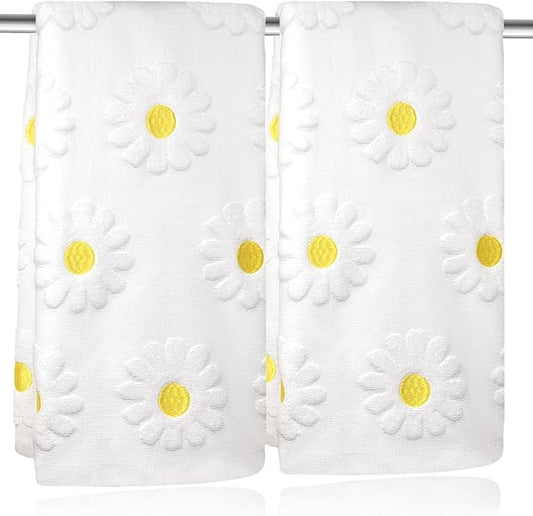 2pcs Daisy Hand Towels for Bathroom Decorative Towels Set 100% Cotton White Jacquard Spring Summer Floral Bath Towels Dish Kitchen Towels Kitchen Bathroom Decor Gift(Daisy White)