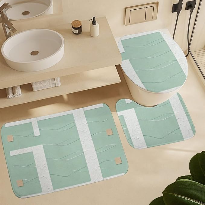 4 Piece Bathroom Rug Set with Shower Curtain, Non-Slip Bath Mat Toilet Cover Set, Geometric Lines Bathroom Rug Sets