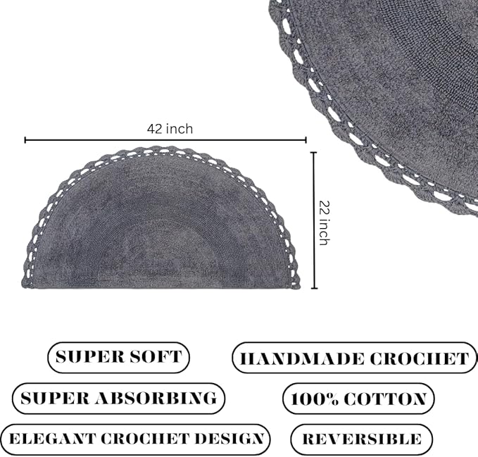 Half Moon Circle Bohemian Bathroom Rug with Handwoven Chrochet Border, Beautifully Handcrafted 100% Cotton Mat - 22x42", Round Boho Bedroom Rug, Boho Bathroom Décor, Machine Washable - Charcoal Grey