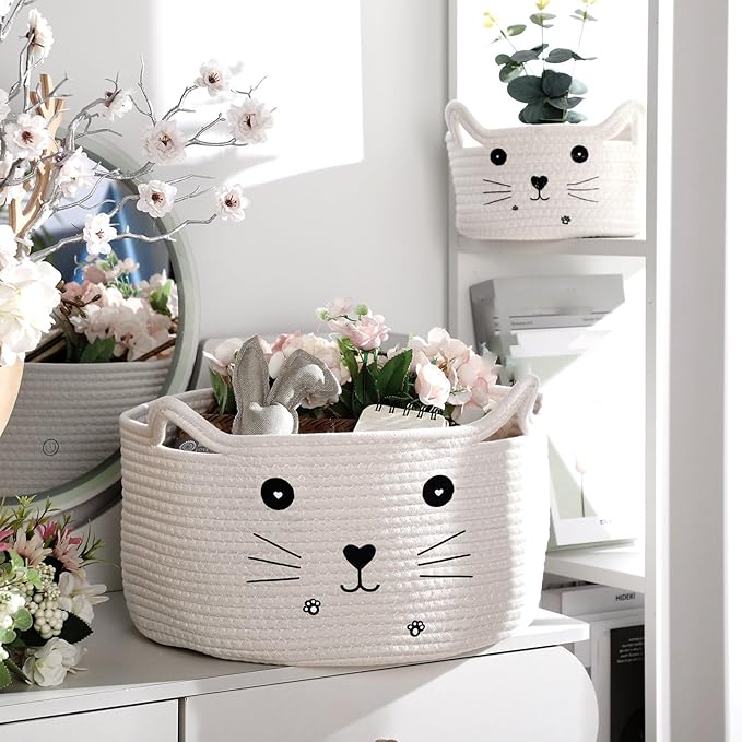 Zopeal Cat Basket Storage Woven Organizer with Ears Christmas Decorative Pet Toy Cute Cotton Rope Basket for Gift Cat Dog Toy Bin Nursery Room(13.7 x 7.8 Inch,White)