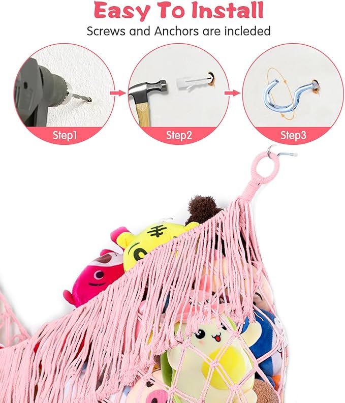 Stuffed Animal Hammock - Extra Large 63'' Long, Stuffed Animal Storage, stuffed animal Holder net, Hammock Large, Storage Hanging Organizer - Light pink