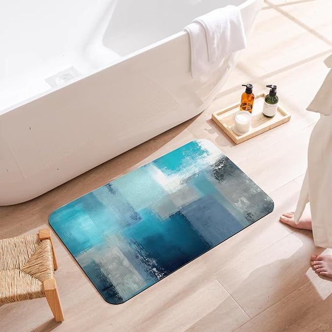 Abstract Blue Grey Bathroom Rugs, Non Slip Quick Dry Rustic Bath Mats for Bathroom, Super Absorbent Diatomaceous Bathmat for Home Kitchen Thin Floor Doormat 17 X 29.5 Inch