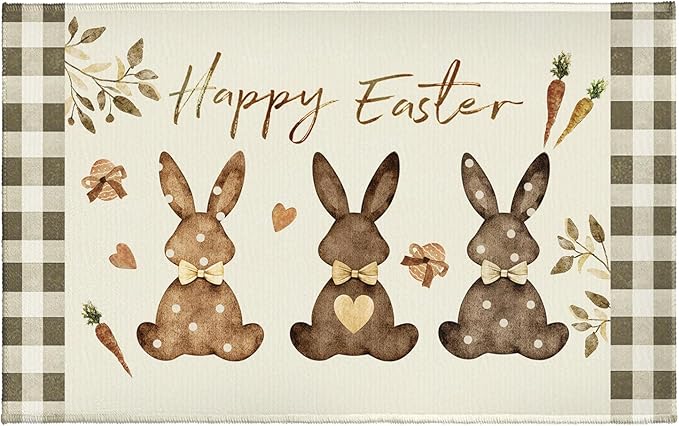 Happy Easter Bathroom Rug for Bathtub Brown Bunny Eggs Carrots Bathroom Mats Buffalo Plaid Decorative Non-Slip Absorbent Bath Rugs 32"x20" for Dooway Kitchen Sink Bedside Shower Room