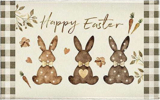 Happy Easter Bathroom Rug for Bathtub Brown Bunny Eggs Carrots Bathroom Mats Buffalo Plaid Decorative Non-Slip Absorbent Bath Rugs 32"x20" for Dooway Kitchen Sink Bedside Shower Room