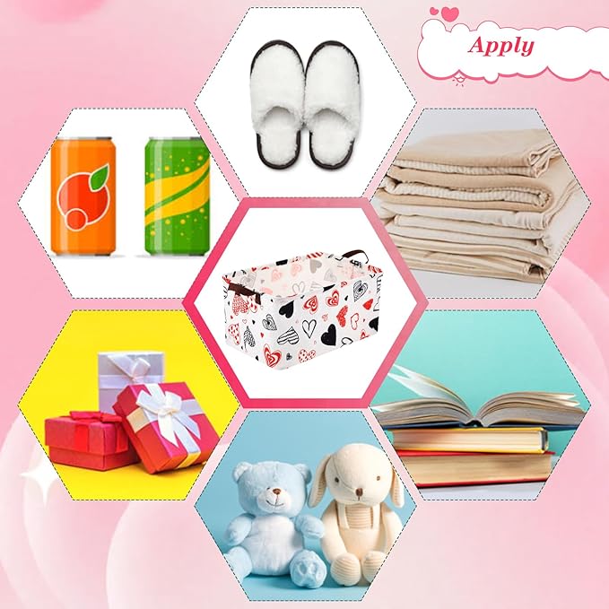 3 Pack Valentine's Day Storage Baskets Waterproof Canvas with Leather Handles Collapsible Storage Bins Cube Baskets for Closet Clothes Room Decor Gift Basket (Heart)