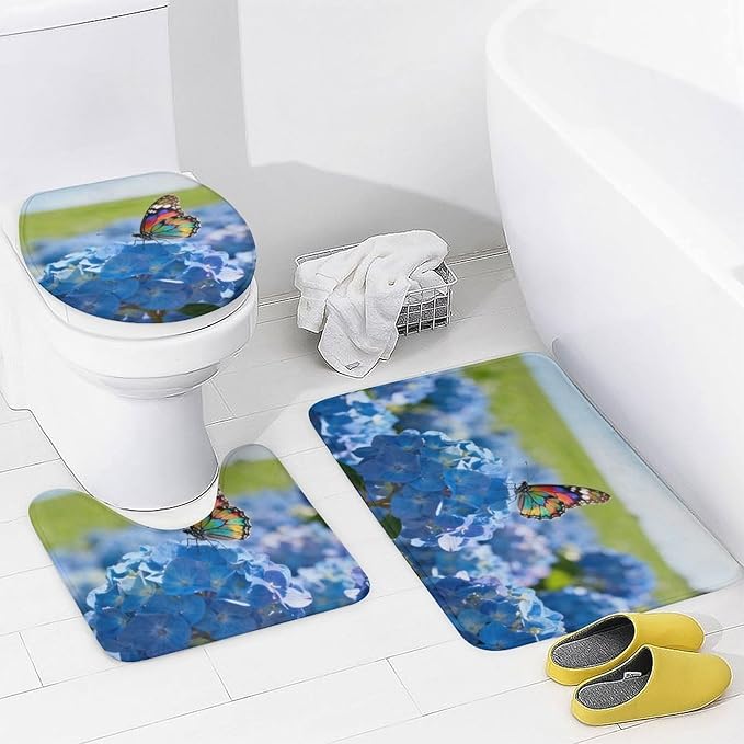 4 Piece Bathroom Rug Set with Shower Curtain, Non-Slip Bath Mat Toilet Cover Set, Flower Balls Bathroom Rug Sets