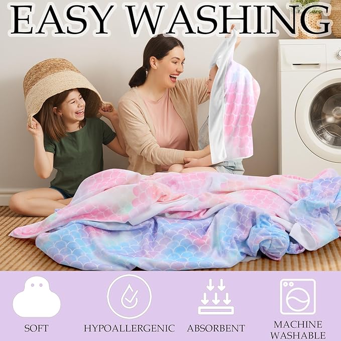 2 Sets Girls Towel Wrap Hair Towel Wrap for Kids with Soft Bath Body Dress Cute Adjustable Bathrobe with Turbans for 3.9-4.9 ft Kids Girls Wet Hair Rapid Drying(Princess Mermaid)