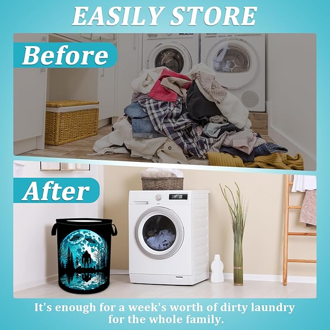 Bigfoot and Alien Laundry Basket, Moon Forest Laundry Hamper Foldable Waterproof Funny Tote Bag Dirty Clothes Storage Bucket Toy Organizer for Bathroom/Laundry/Bedroom 15.7"x19.6"