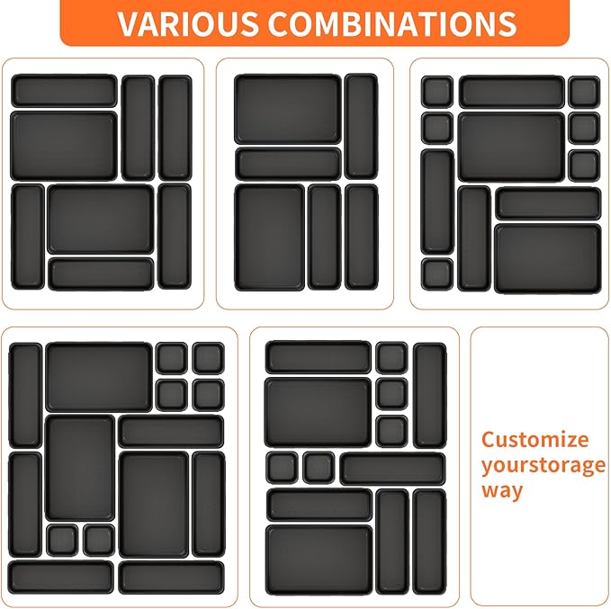45 Pack Desk Drawer Organizer Tray, 3 Sizes Plastic Drawers Organizer Storage for Kitchen, Bathroom, Office, Vanity, Makeup, Utensils, Junk Drawer Organizer Bins, Gadget Trays for Organizing.