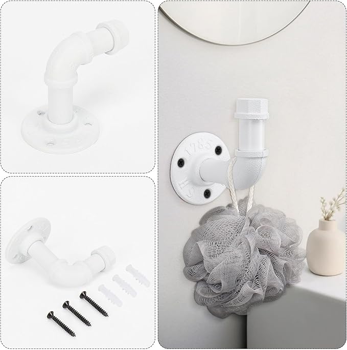 4-Pieces Industrial Pipe Bathroom Towel Ring Kit DIY Wall Mount Accessories Kit Includes Robe Hook Towel Bar and Towel Ring (White 24 inch)