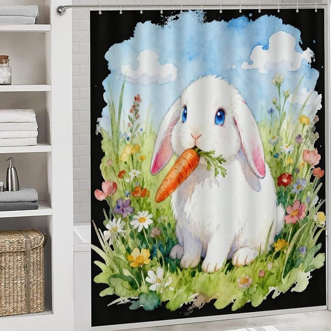 4 Piece Bathroom Rug Set with Shower Curtain, Non-Slip Bath Mat Toilet Cover Set, Lop-Eared Rabbit Bathroom Rug Sets