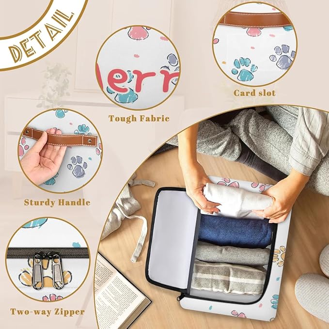Custom Cute Footprint Storage-Bin With Zipper Lid for Kids-Girls-Boys-Baby-Pet,Personalized Name Foldable Storage Box with Handle,Baby Basket With Label for Bedroom Nursery Toy Clothes,White