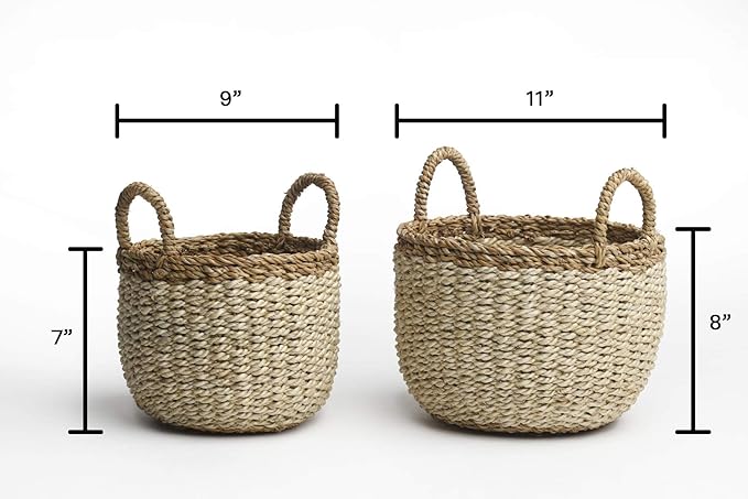 Fab Habitat Storage Basket Set with Handles - Handmade, Natural, Seagrass - Wicker Organizer for Blankets, Towels, Pillows, Toys, Laundry, Baby, Kids, Plants, Home Décor - Dakoro - Ivory Set of 2