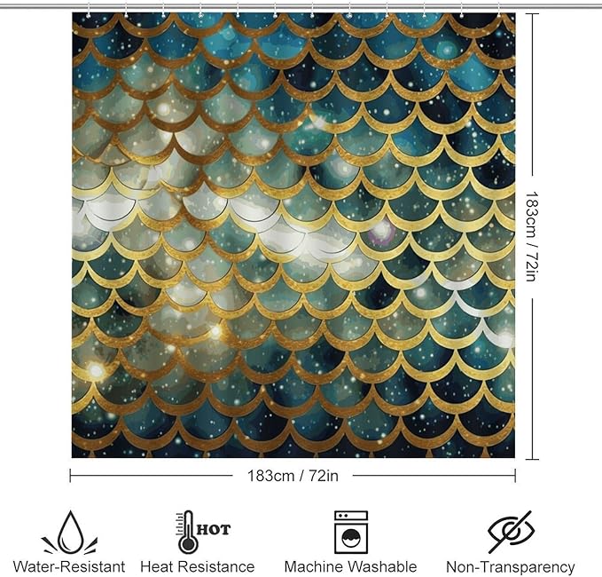 4 Piece Bathroom Rug Set with Shower Curtain, Non-Slip Bath Mat Toilet Cover Set, Golden Glittering Fish Scales Bathroom Rug Sets