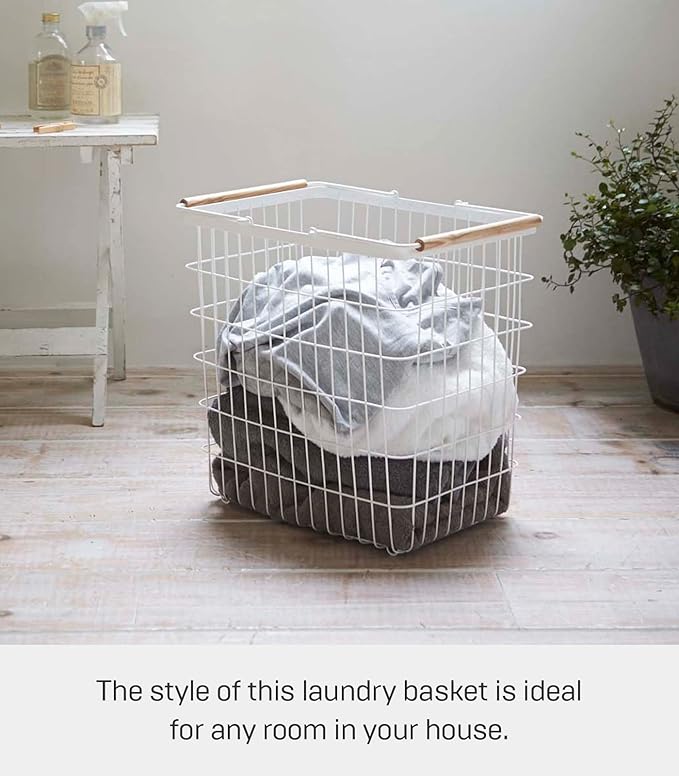 Yamazaki Home Tosca Laundry Basket - Laundry Basket With Wooden Handles - Large, 15" - Steel + Wood - 8.7 Gallons, 33 Liters