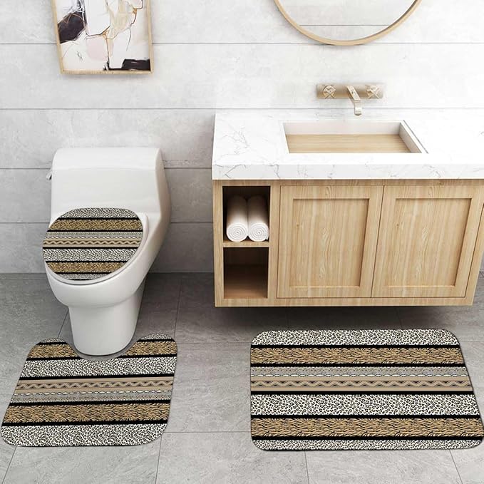 4PCS Leopard Print Shower Curtain Sets with Rugs, Waterproof Fabric Shower Curtain, Gold Black Striped Patchwork Cheetah Print Tiger Snake Safari Wildlife Animal Skin Modern Bathroom Decor