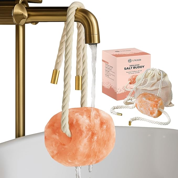 UMAID Himalayan Bath Salt Buddy™ 2 lb – Hanging Mineral Salt Rock for Shower & Bath, Solid Pink Himalayan Stone for Natural Steam, Relaxation & Spa-Like Self-Care, Unique Gift for Men & Women