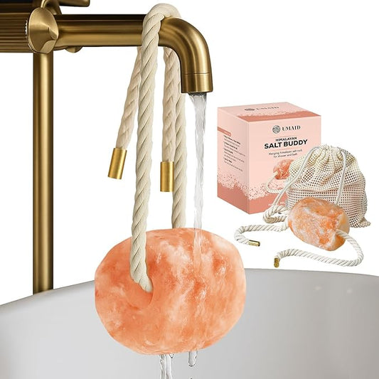 UMAID Himalayan Bath Salt Buddy™ 2 lb – Hanging Mineral Salt Rock for Shower & Bath, Solid Pink Himalayan Stone for Natural Steam, Relaxation & Spa-Like Self-Care, Unique Gift for Men & Women