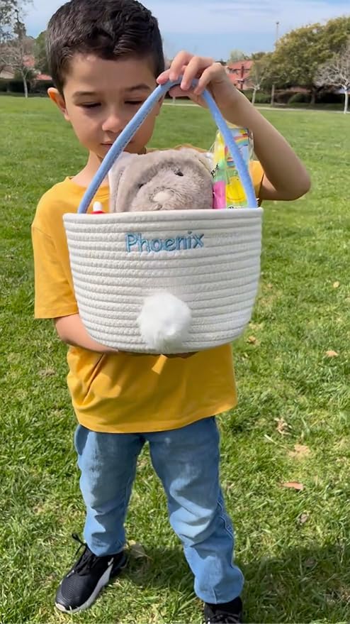 Personalized Easter Bunny Rope Basket (Blue)