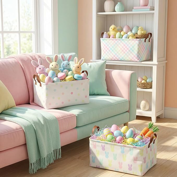 3 Pack Easter Storage Baskets Waterproof Canvas with Leather Handles Bunny Basket Box Collapsible Storage Bins Box for Closet Toys Clothes Room Decor Gift Basket