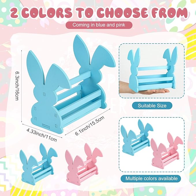 Yookeer 2 Pcs Wood Bunny Easter Baskets with Handle, Cute Easter Rabbit Candy Eggs Basket Empty Hunt Container Storage for Gifts, Pink and Blue