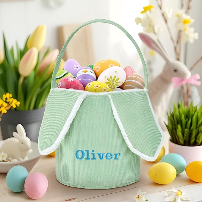 Easter Basket, Touber Easter Bunny Basket, Personalized Easter Baskets for Kids, Easter Gifts Basket for Girls Baby Children - Bunny Ear Green
