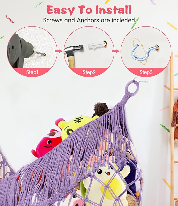 Stuffed Animal Hammock - Extra Large 63'' Long, Stuffed Animal Storage, stuffed animal Holder net, Hammock Large, Storage Hanging Organizer - Lavender