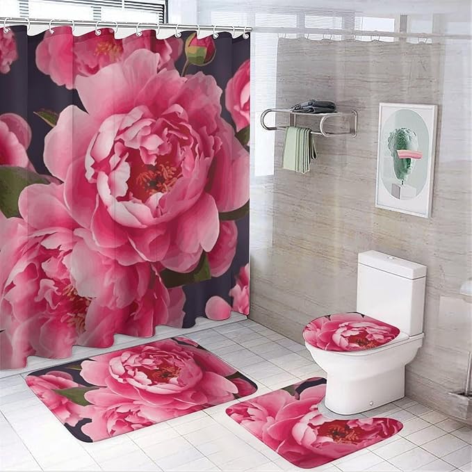 4 Piece Bathroom Rug Set with Shower Curtain, Non-Slip Bath Mat Toilet Cover Set, Peony Flowers Bathroom Rug Sets